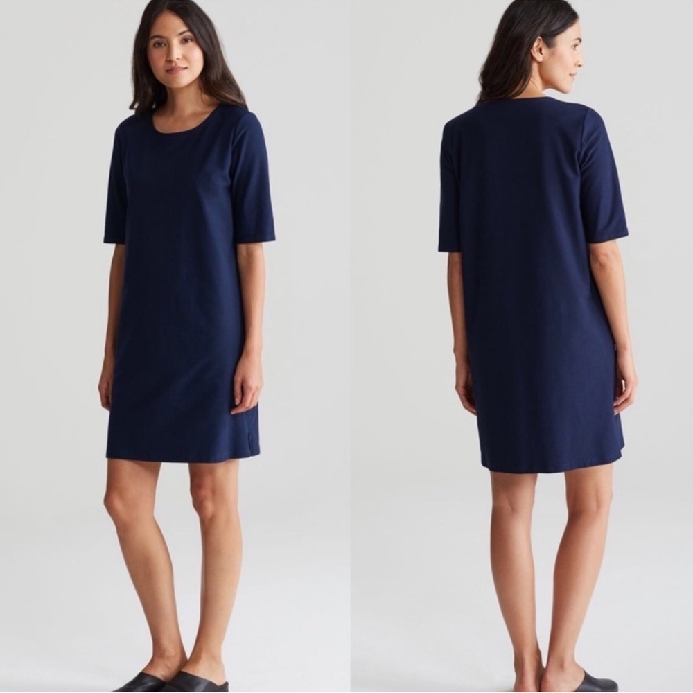 Eileen Fisher washable crepe‎ side zip shift dress navy blue XL